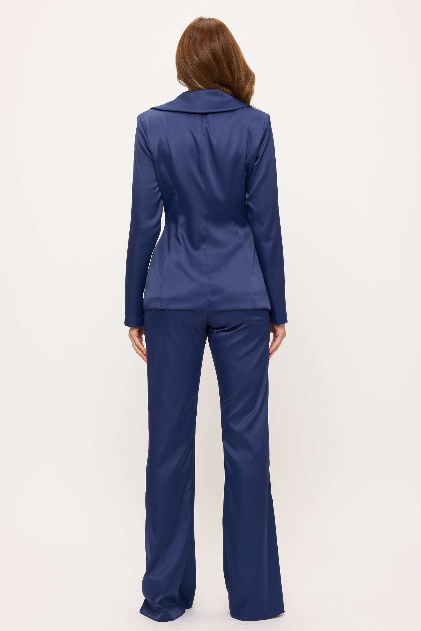 Midnight bloom rose detail satin jacket and side slit pants suit