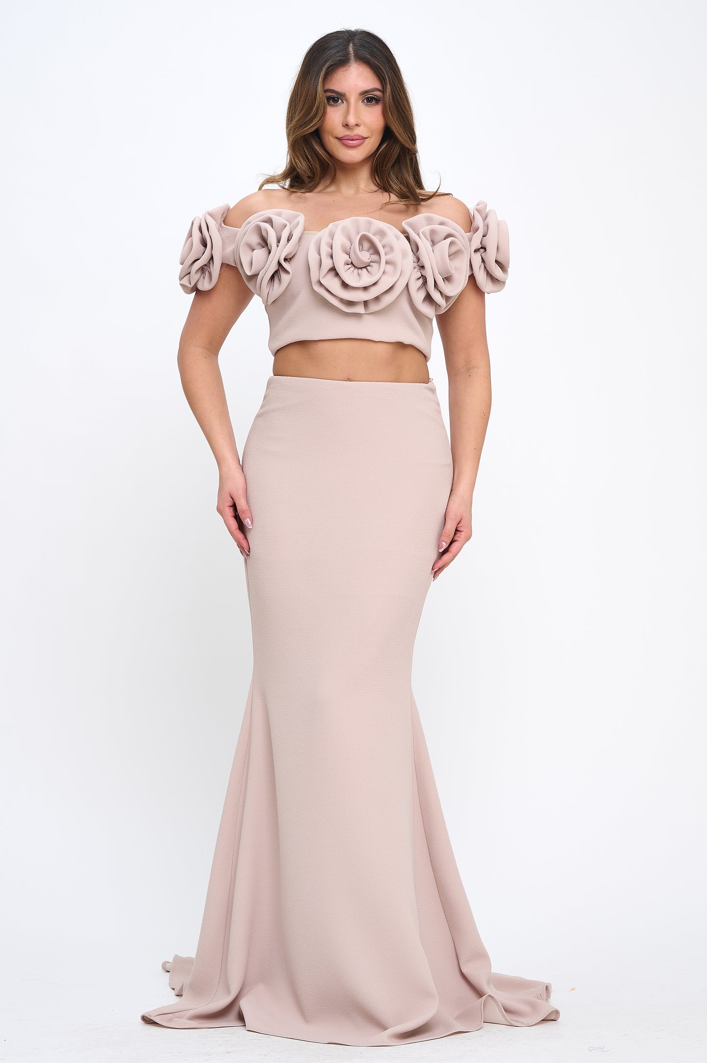 Rose detail off shoulder crop top and maxi skirt set