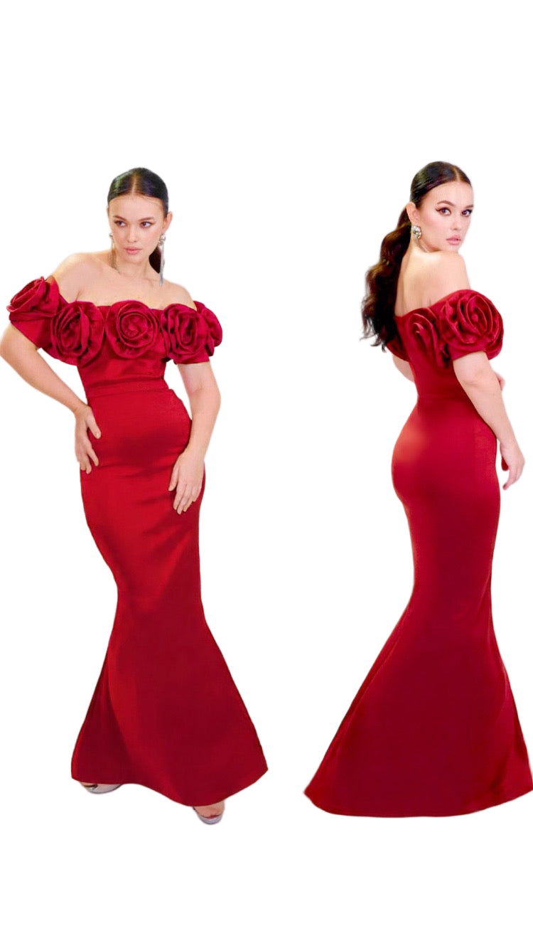 Satin print plunging neckline maxi gown