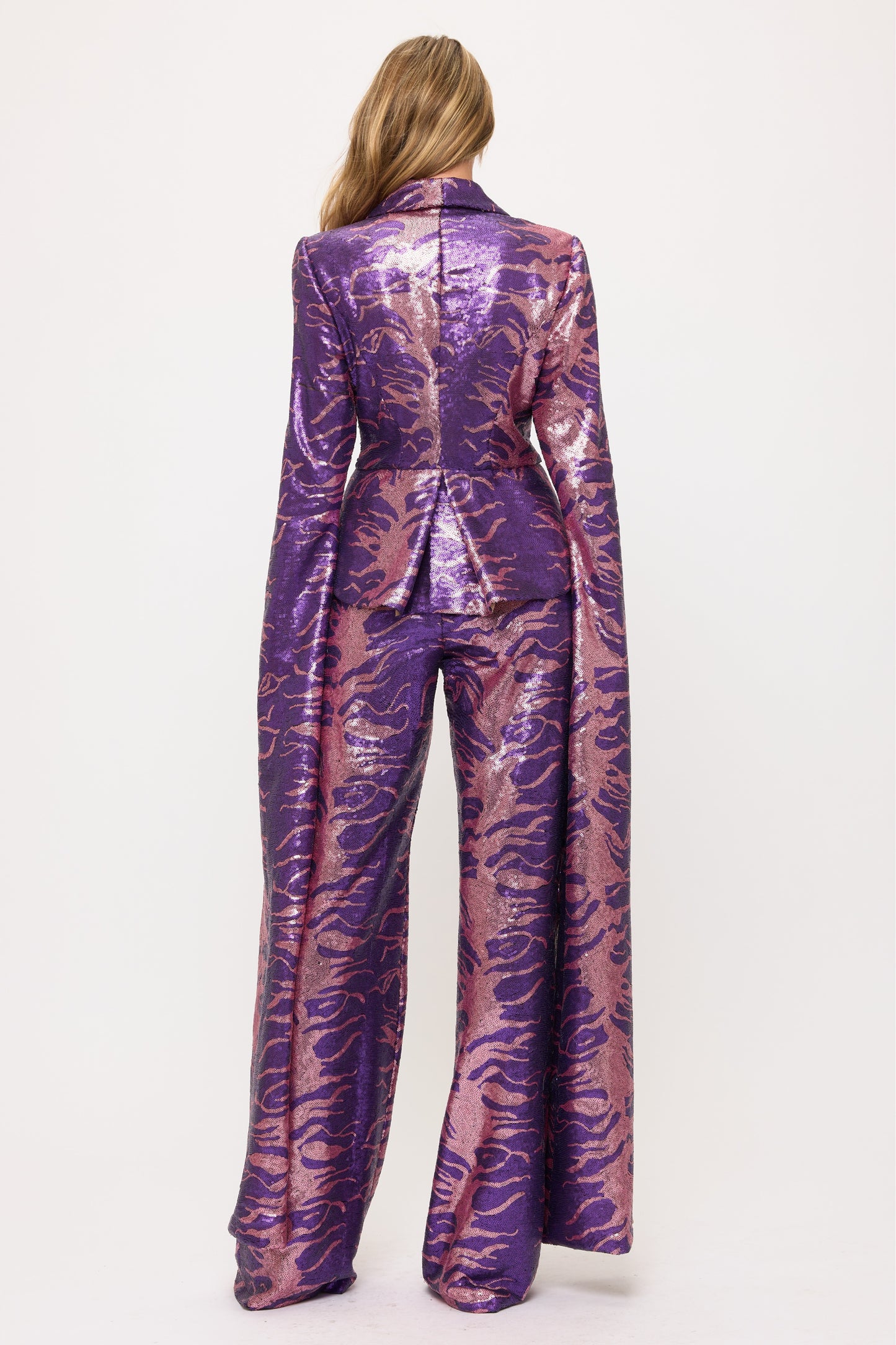 Shining sequin sweeping split sleeve jacket and high waisted pants set