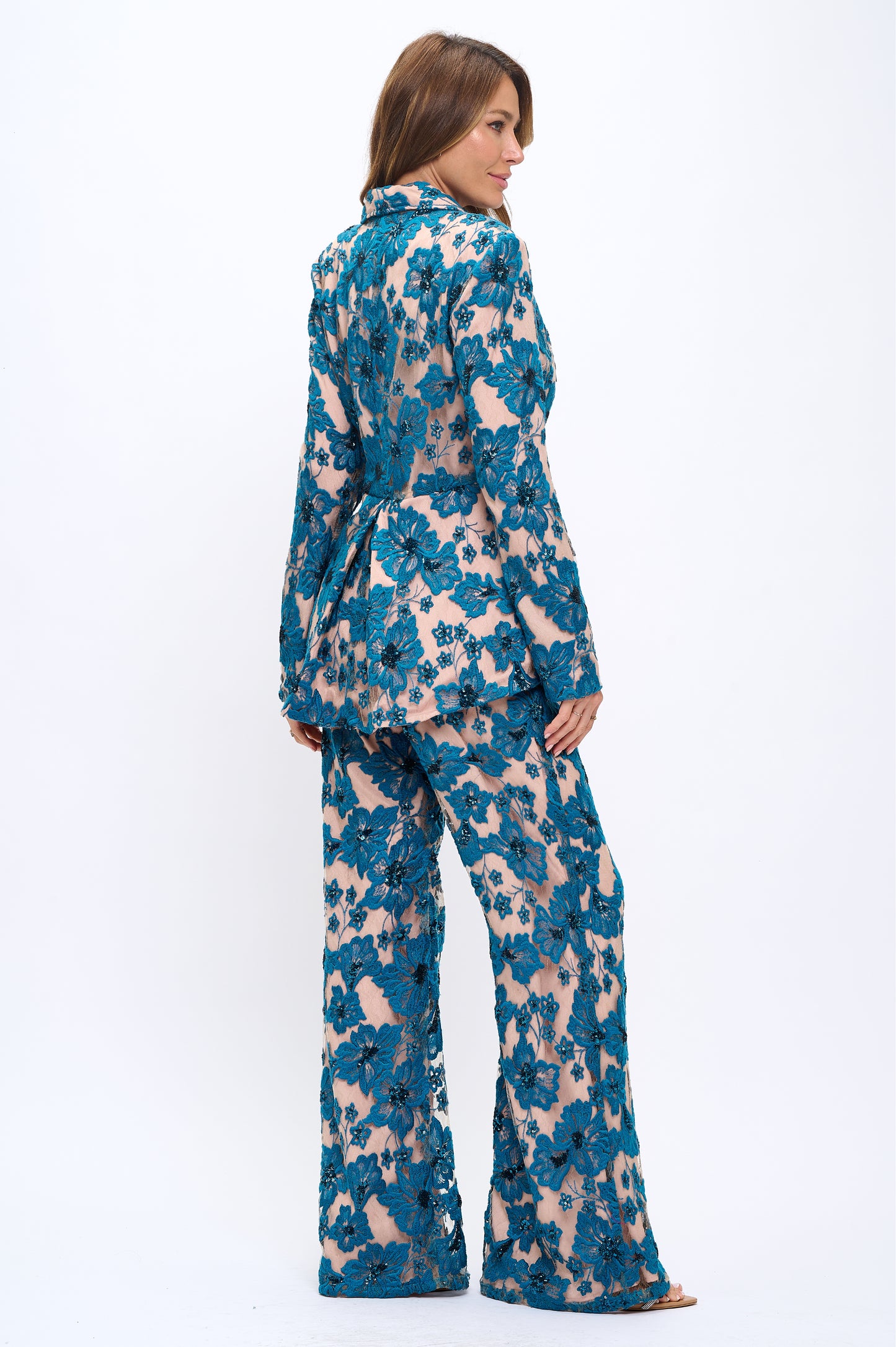 Embroidered floral lace sequin detailed peplum jacket and pants suit set