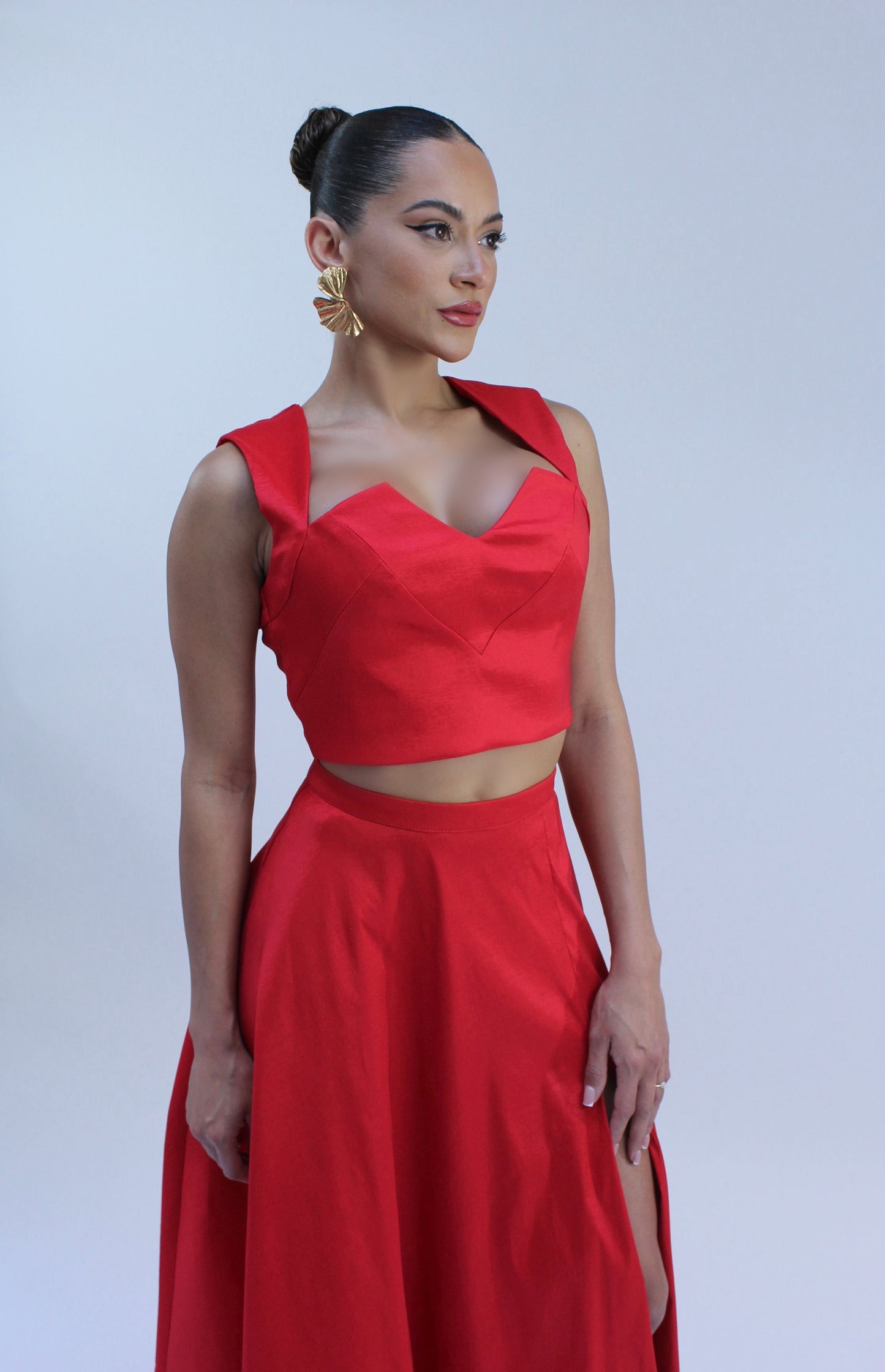 Taffeta crop top and high waisted slit maxi skirt set