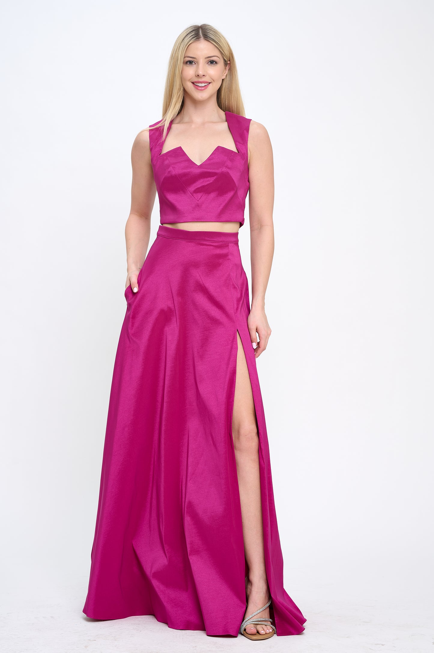 Taffeta crop top and high waisted slit maxi skirt set