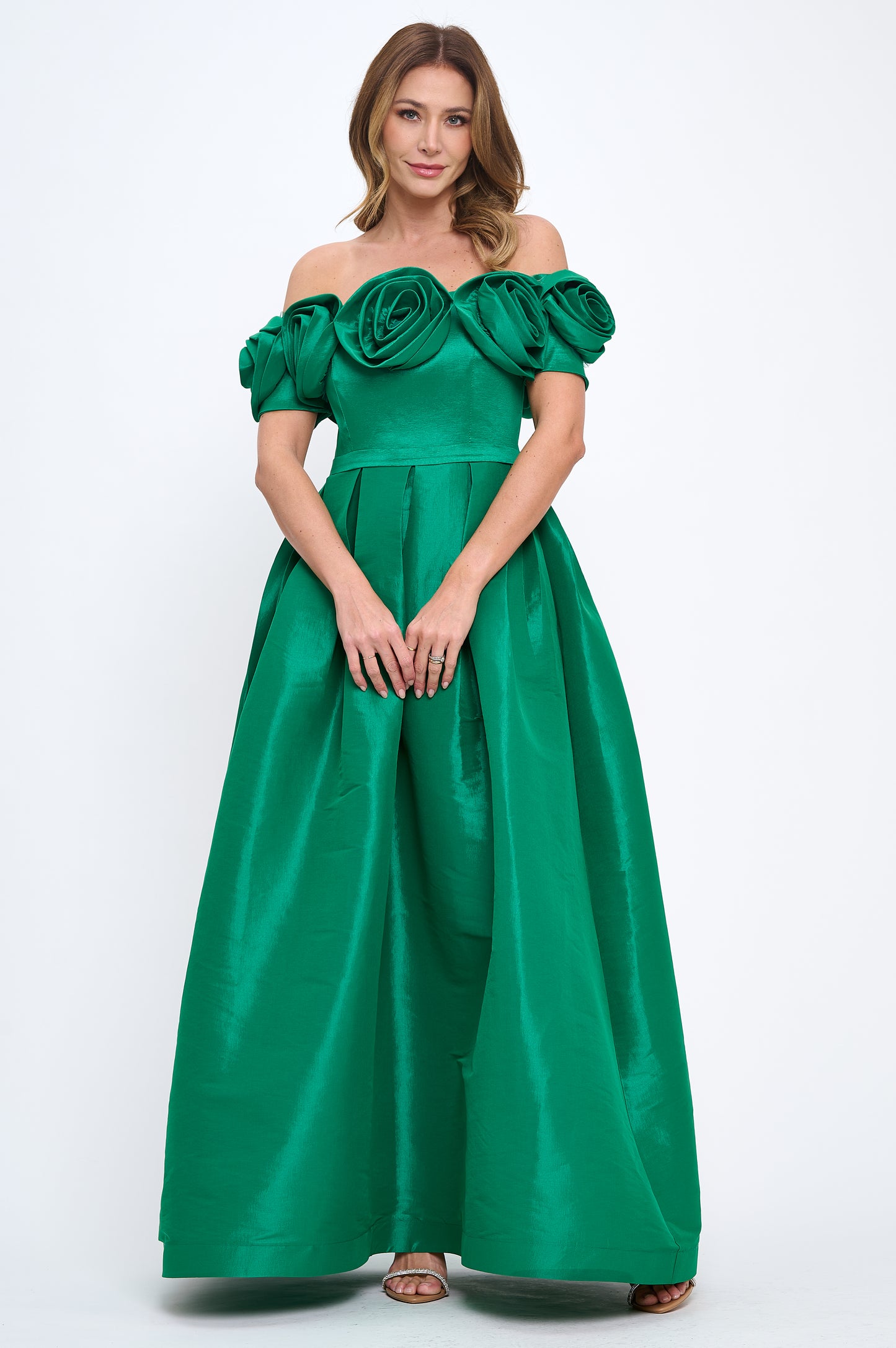 Rose bloom off shoulder taffeta gown