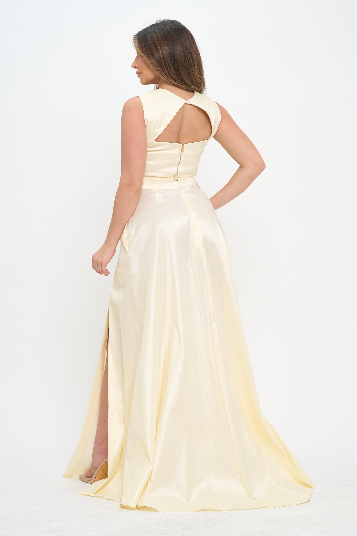 Taffeta crop top and high waisted slit maxi skirt set