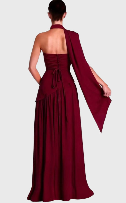 Strapless asymetrical corset slit gown