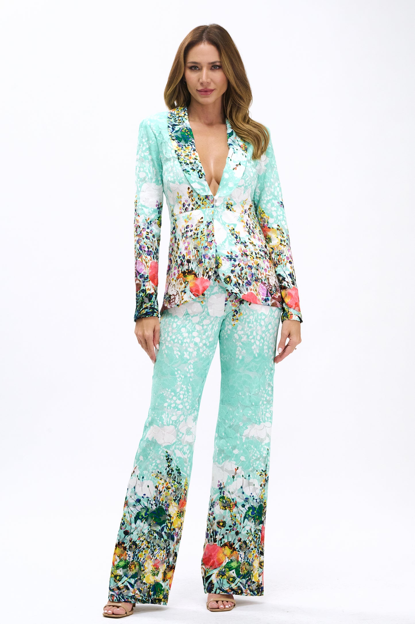 Stretchy floral lace tulip hem jacket and high waisted pants suit set
