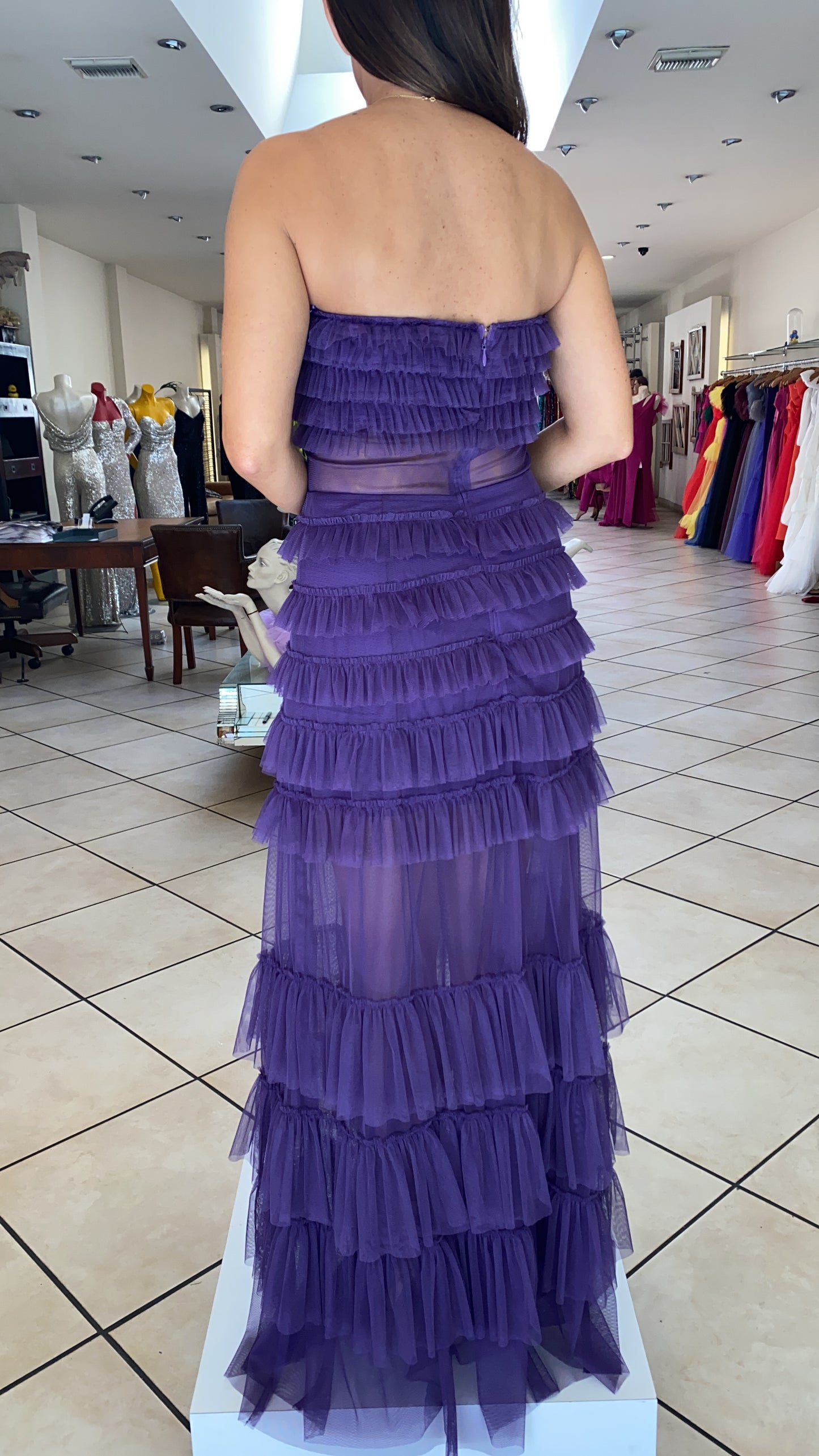 Strapless tulle tiered ruffle maxi dress