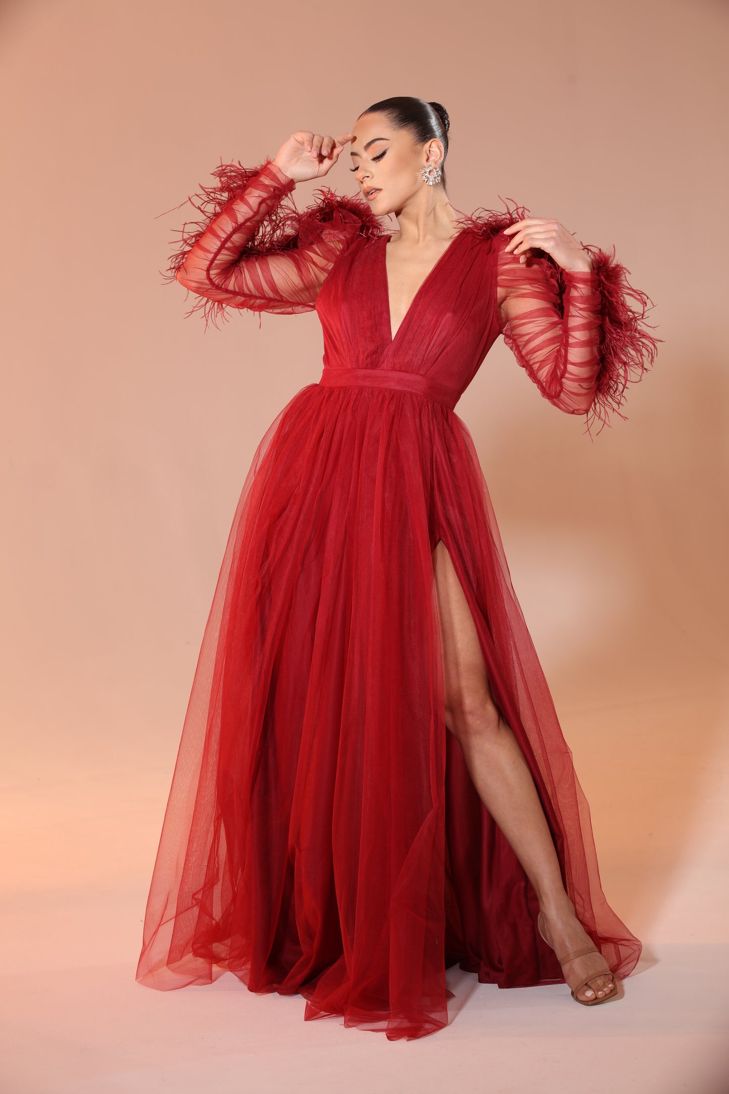 Pre-Order Evvie feather trim tulle slit gown