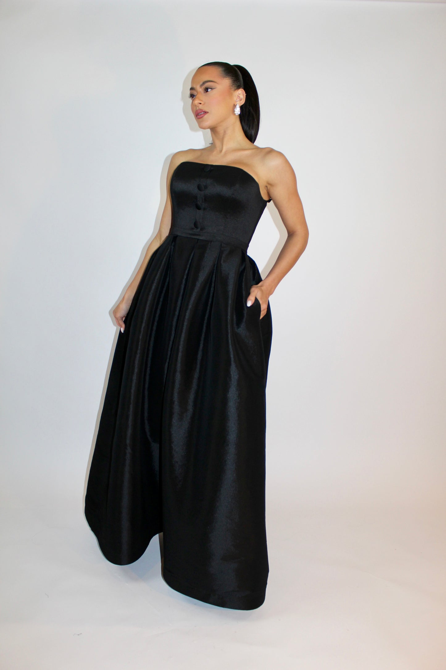 Pre-Order Indulge in luxury taffeta button detail strapless corset gown w pockets