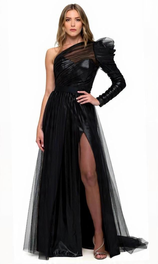 Metallic lamé and tulle one shoulder gathered side slit gown