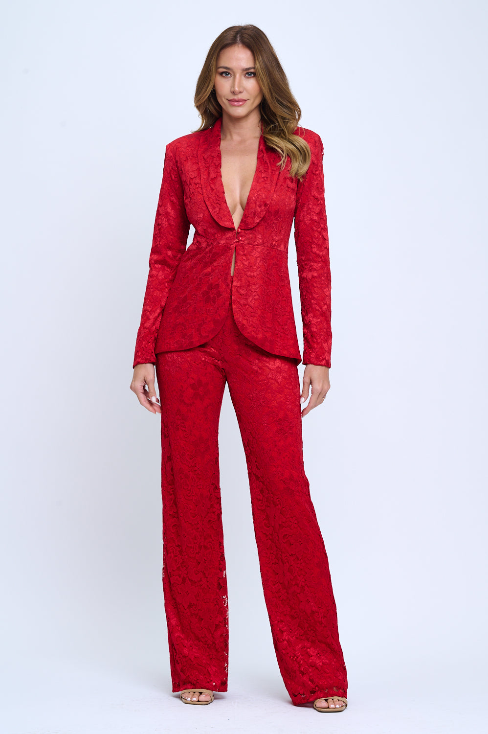 Stretchy floral lace tulip hem jacket and high waisted pants suit set