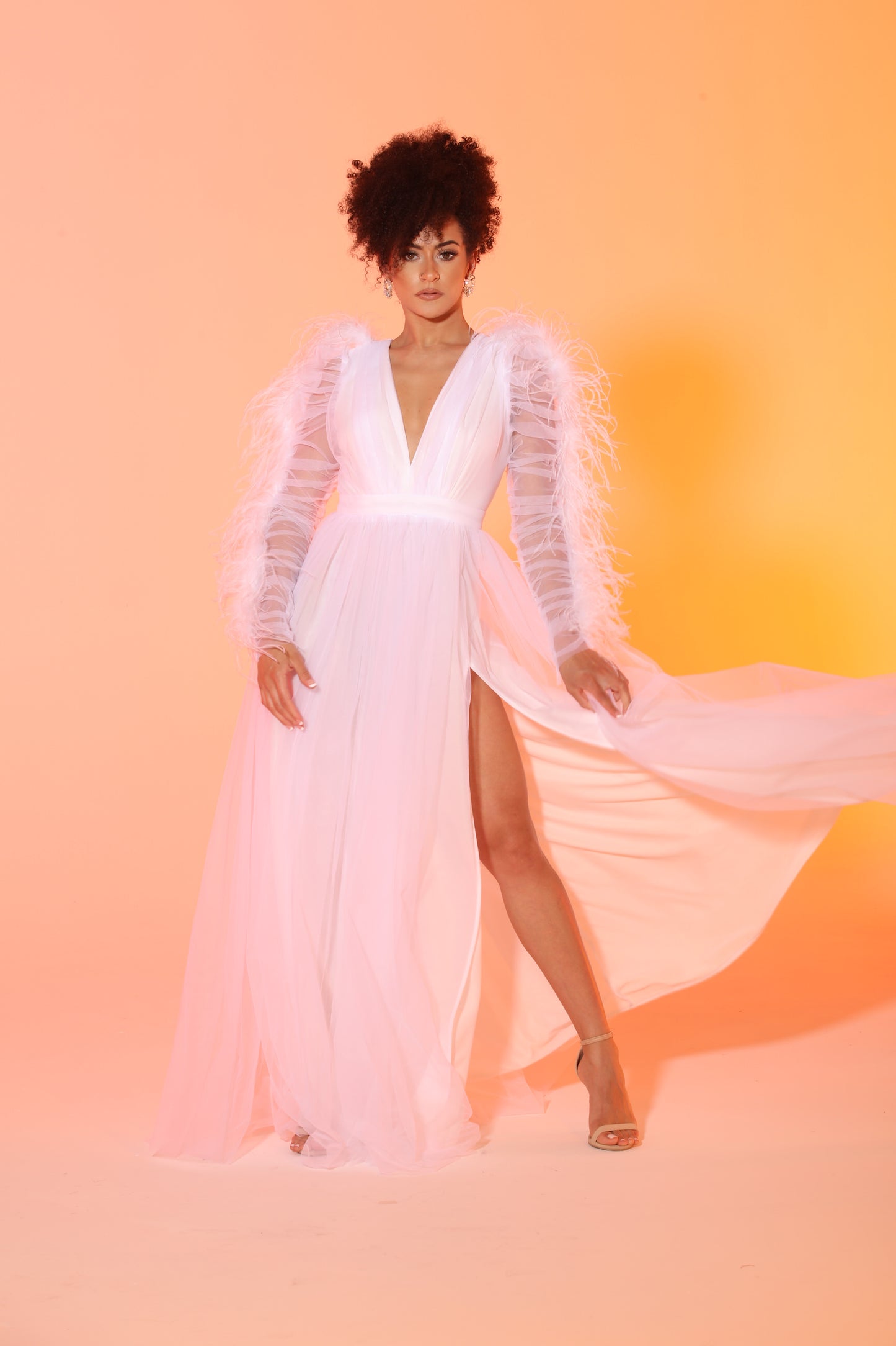 Pre-Order Evvie feather trim tulle slit gown