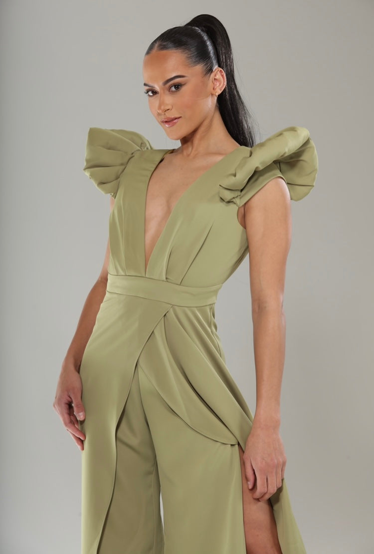 Bell sleeve V front open back cascading leg jumpsuit
