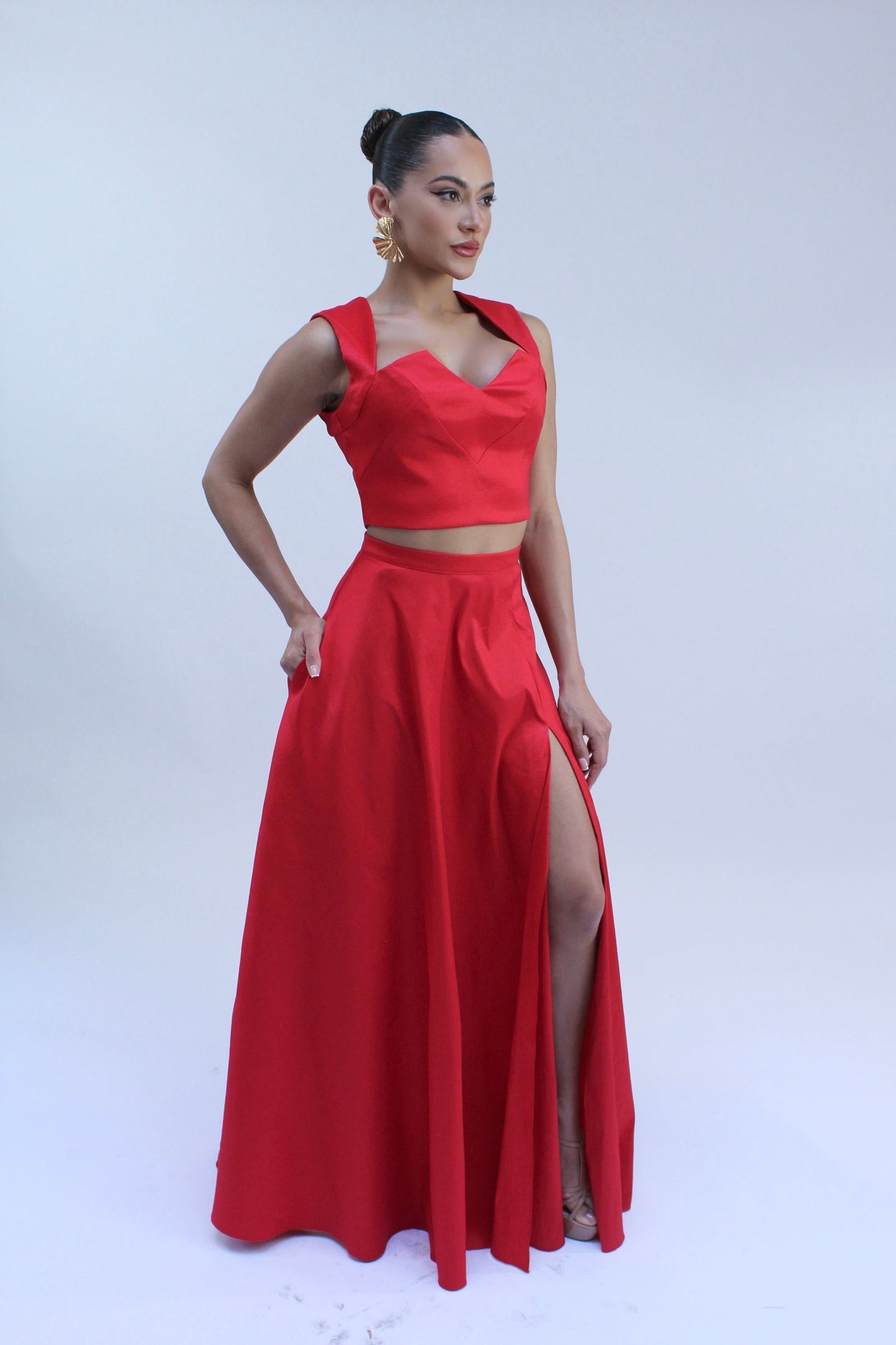 Taffeta crop top and high waisted slit maxi skirt set