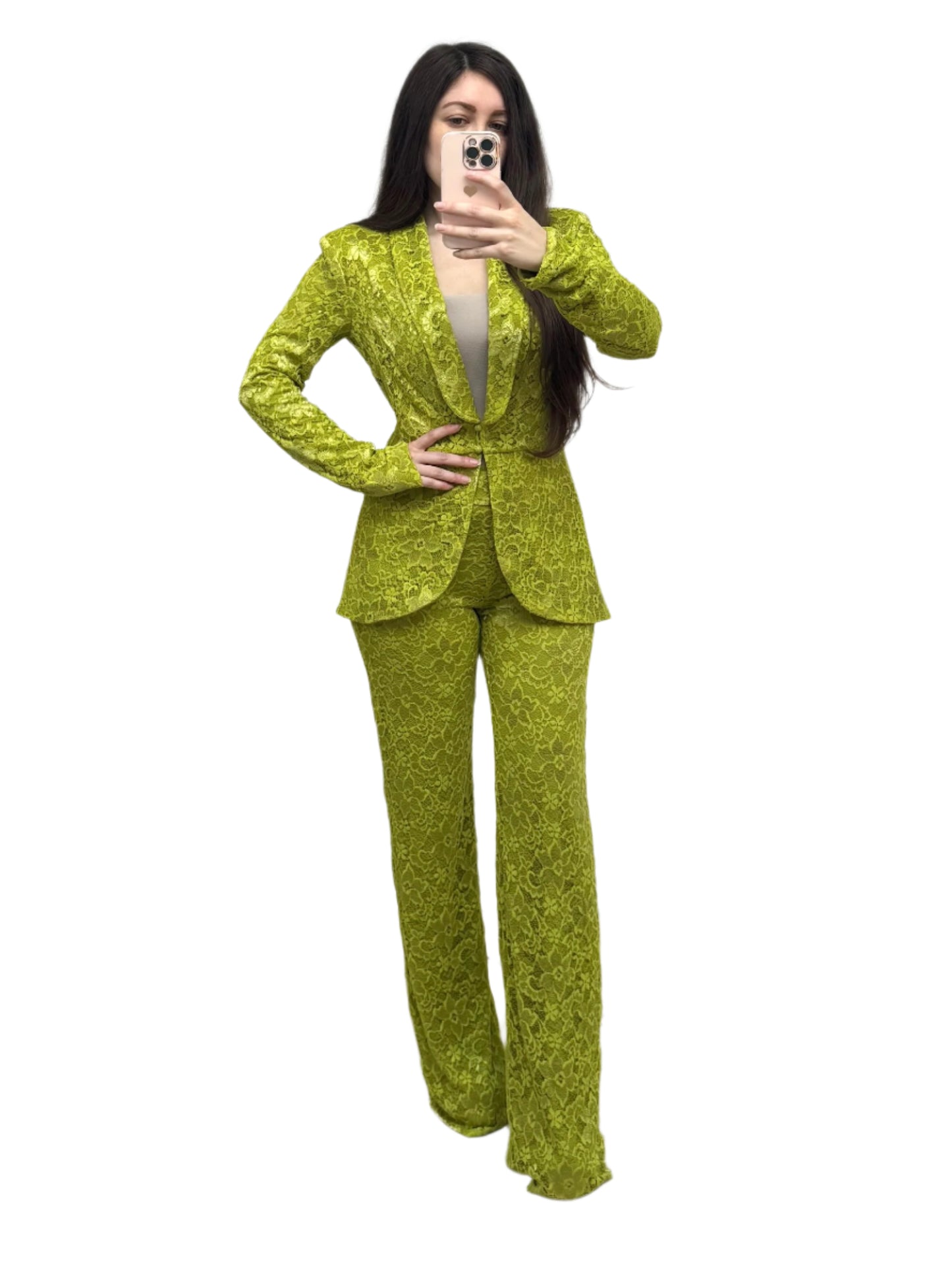 Stretchy floral lace tulip hem jacket and high waisted pants suit set