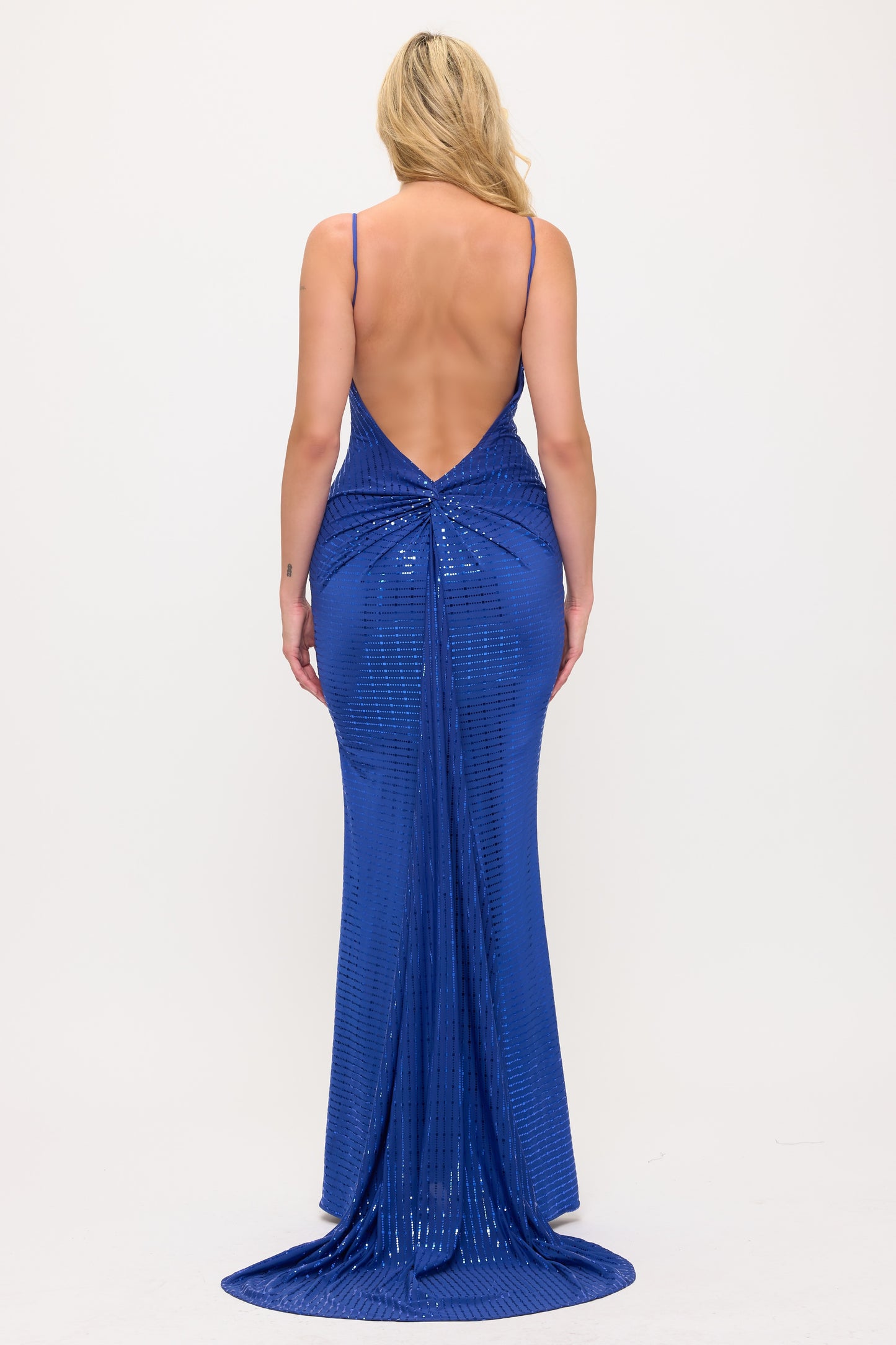 Metallic hourglass open knot back draping silhouette gown