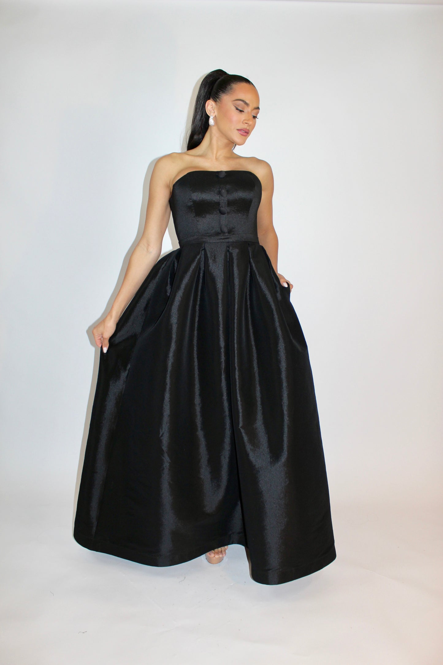 Pre-Order Indulge in luxury taffeta button detail strapless corset gown w pockets
