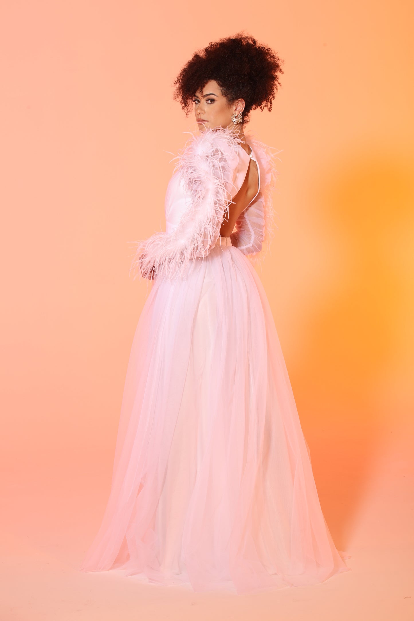 Pre-Order Evvie feather trim tulle slit gown