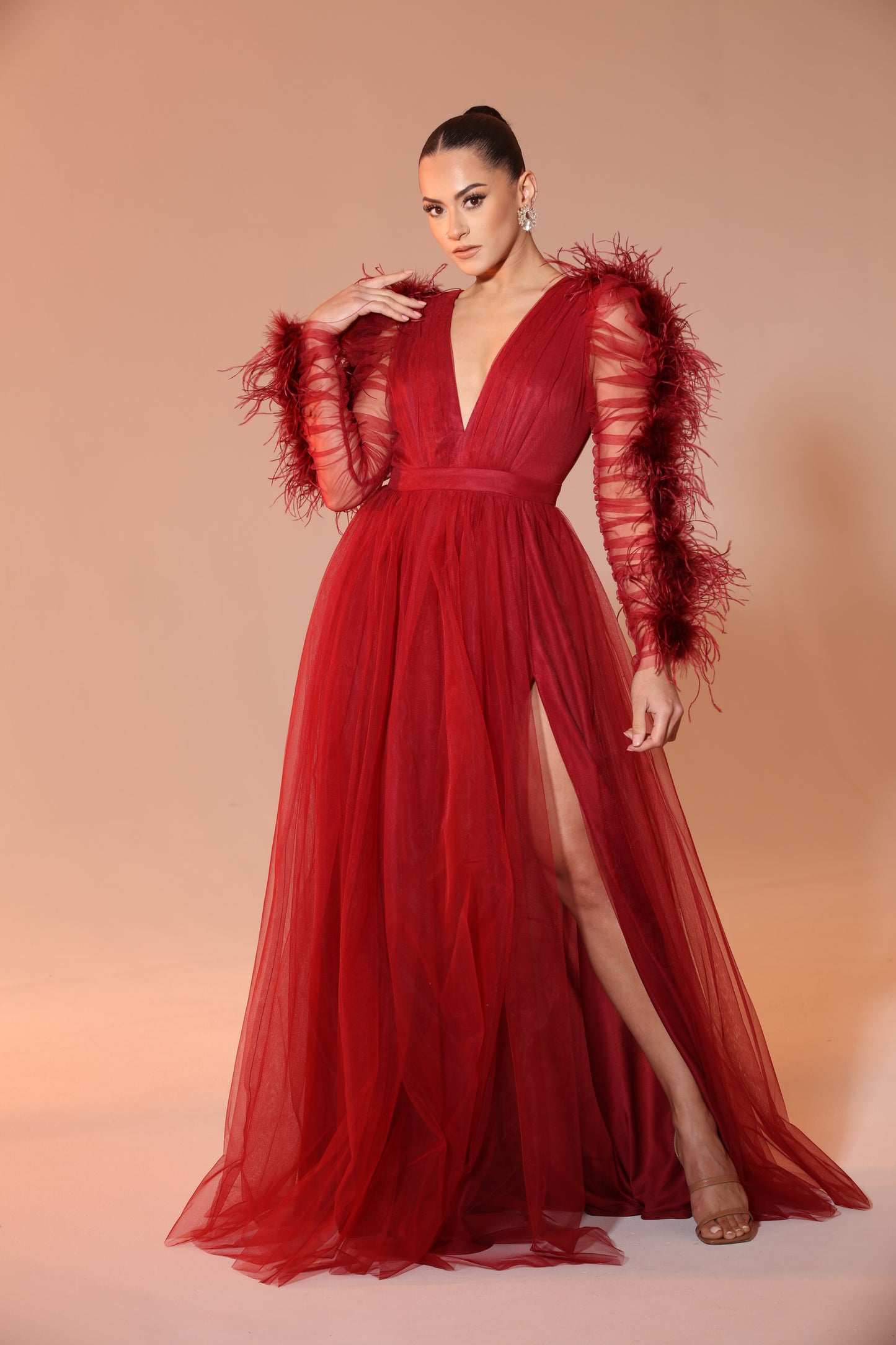 Pre-Order Evvie feather trim tulle slit gown
