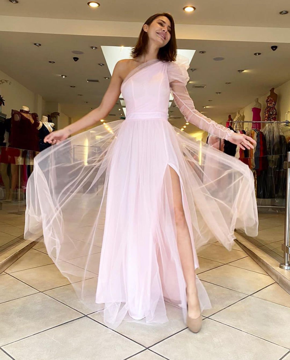 One shoulder front side slit tulle gown LIGHT ROSE PINK / SMALL