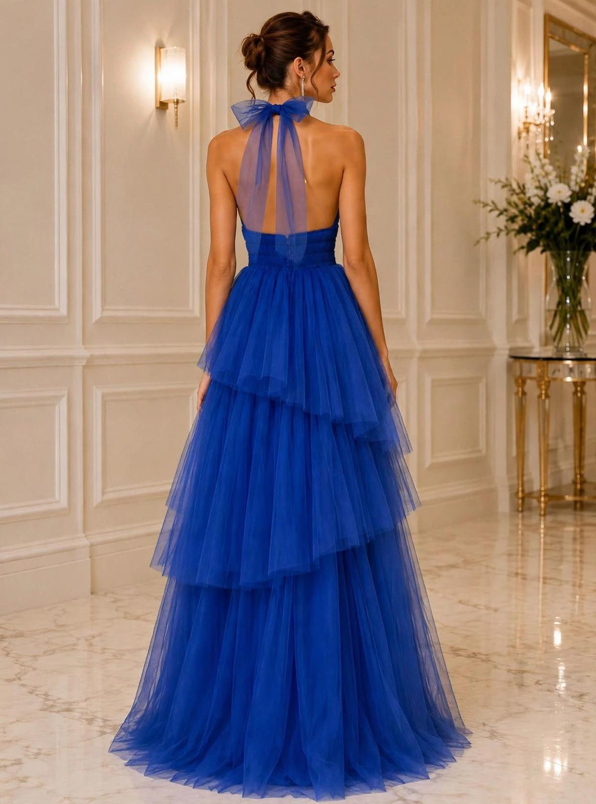 Halter tie back tiered tulle gown