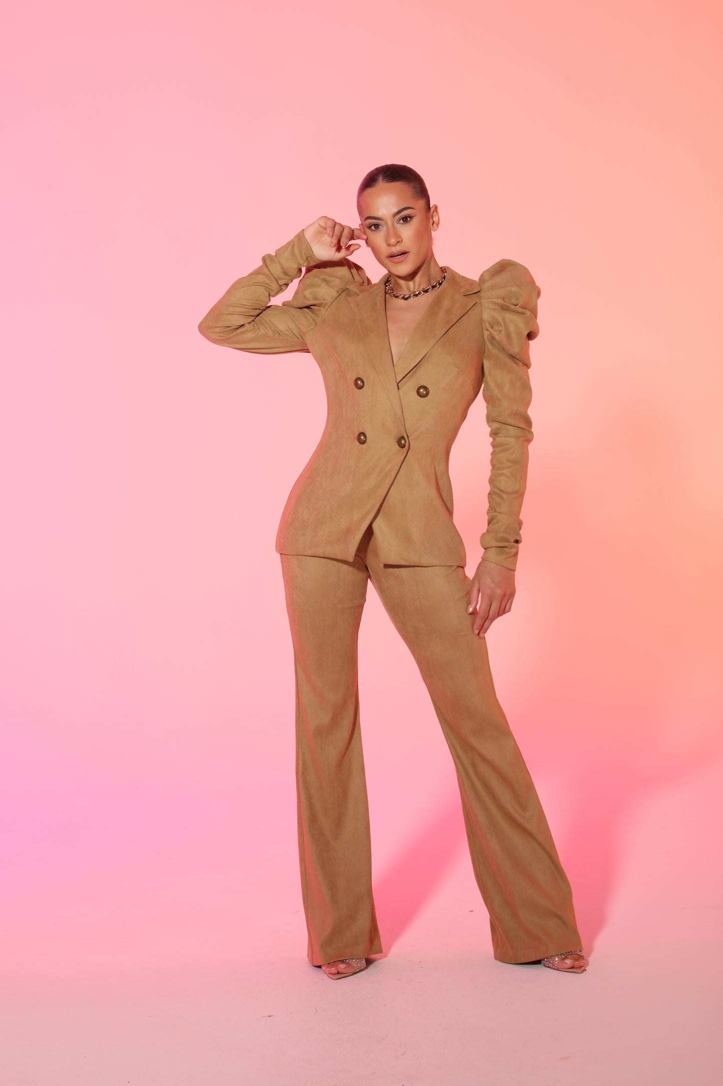 Suedette puff sleeve button down suit
