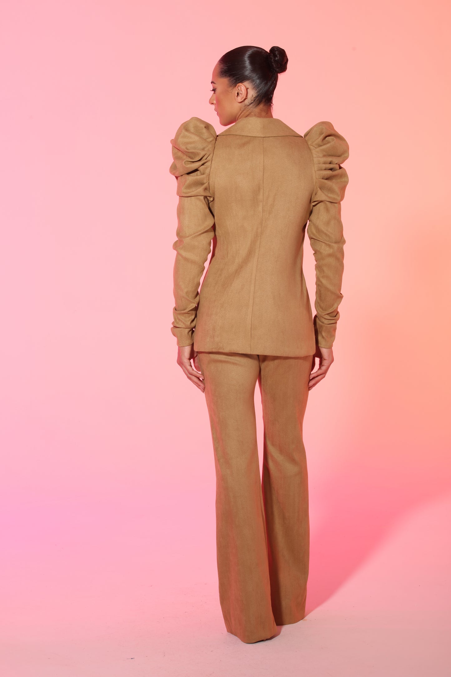 Suedette puff sleeve button down suit