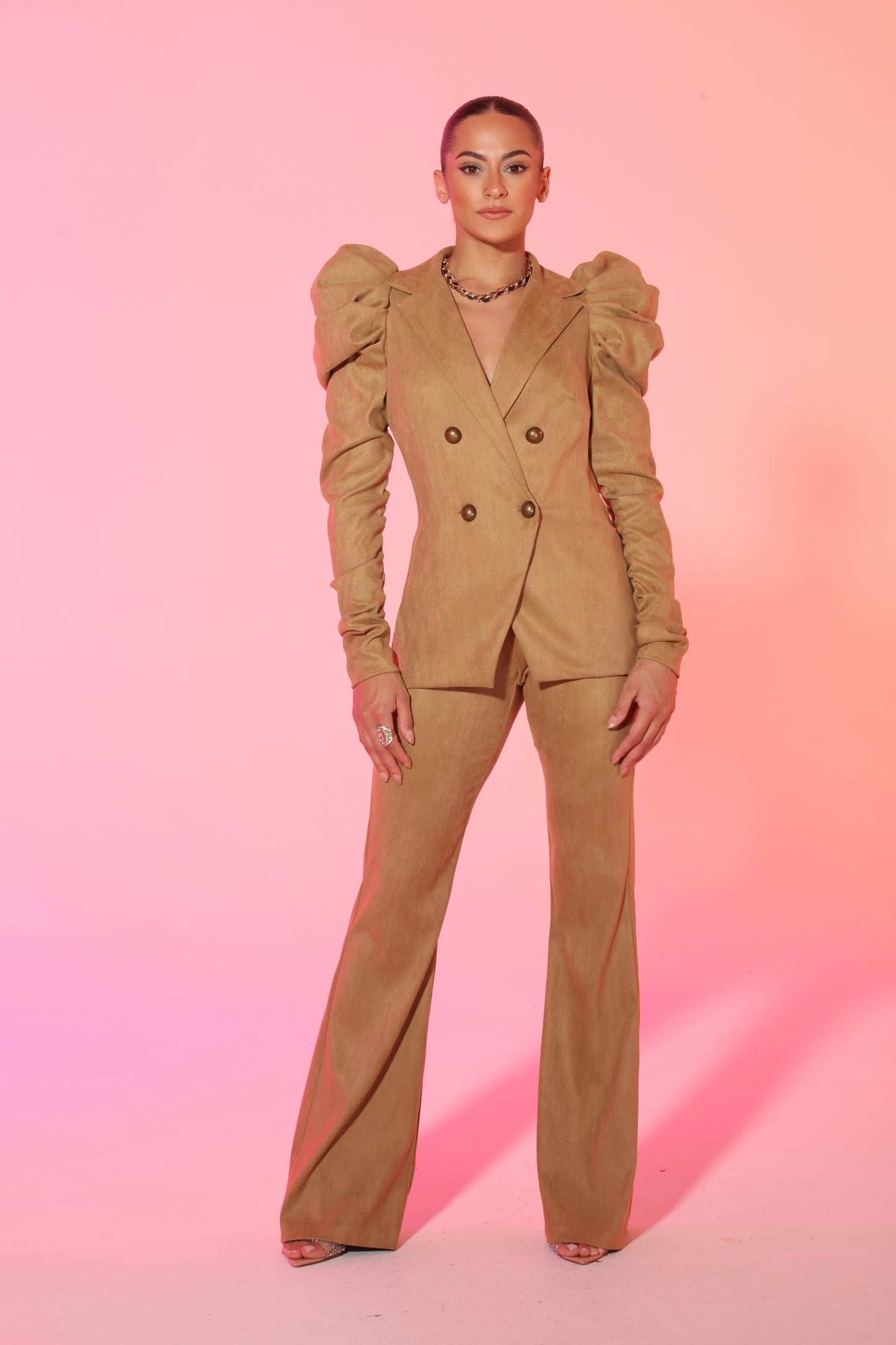 Suedette puff sleeve button down suit