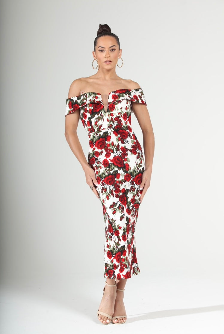 Rose print off shoulder midi dress