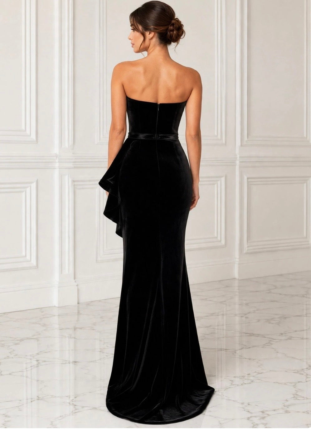 Strapless cascade side slit stretch velvet gown