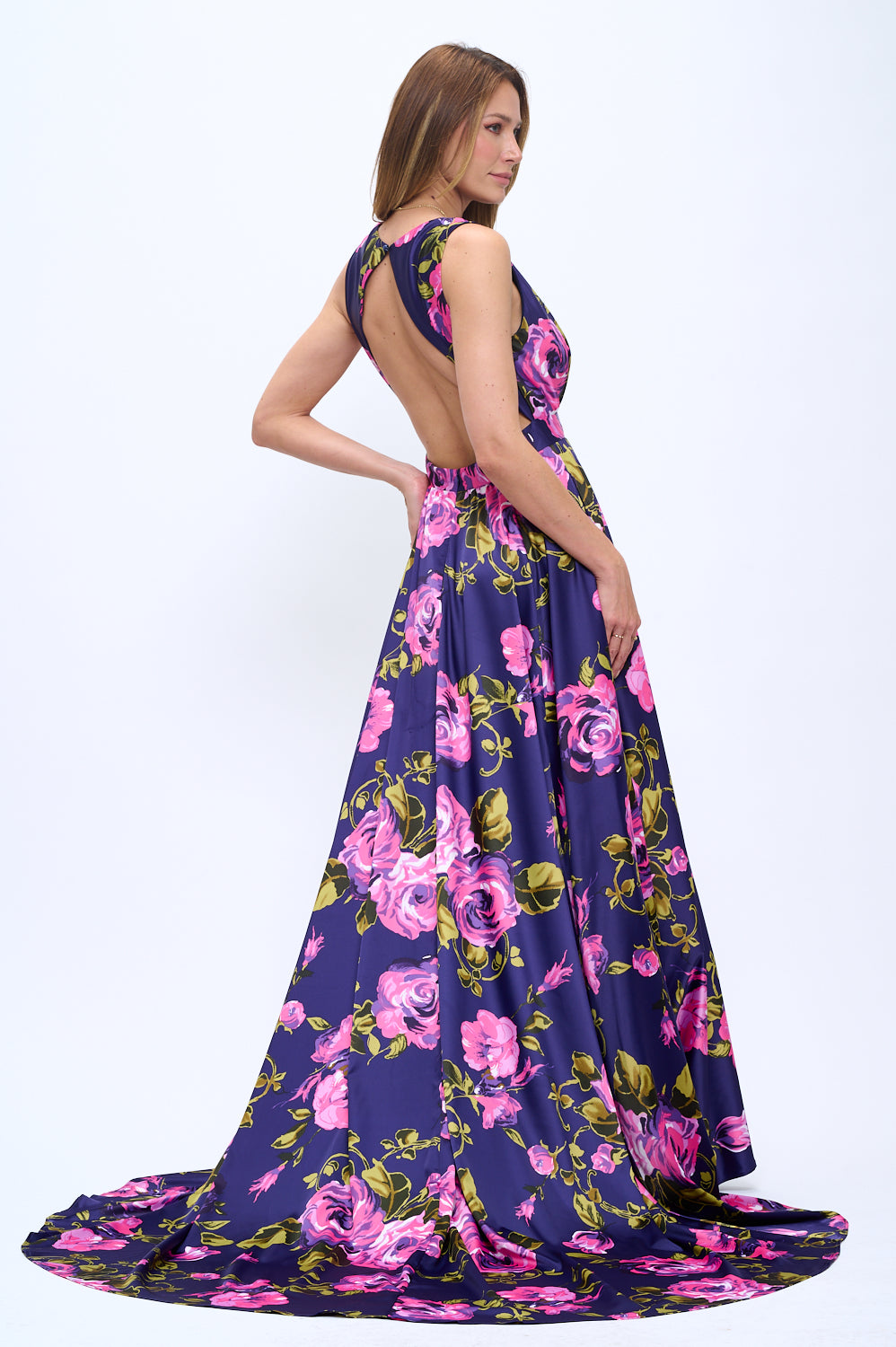 Satin floral print plunging neckline open back maxi gown