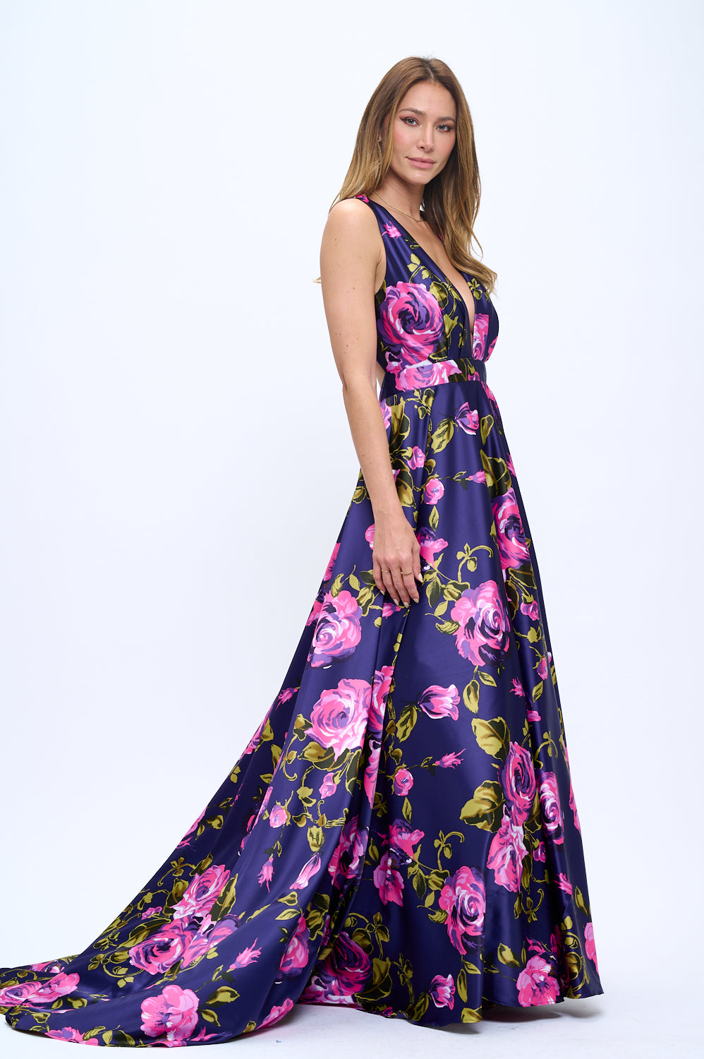 Satin floral print plunging neckline open back maxi gown