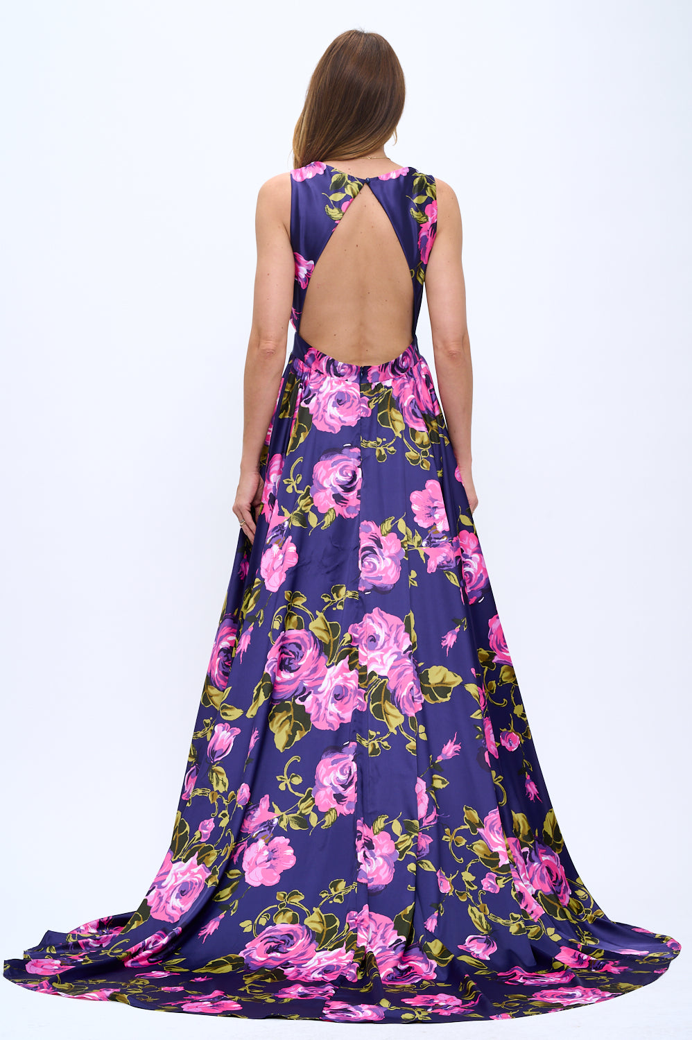 Satin floral print plunging neckline open back maxi gown