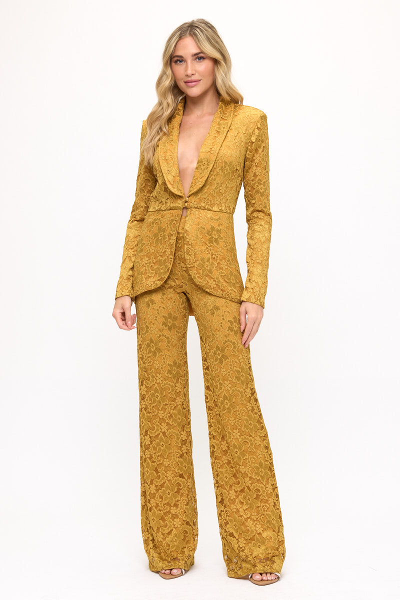 Stretchy floral lace tulip hem jacket and high waisted pants suit set