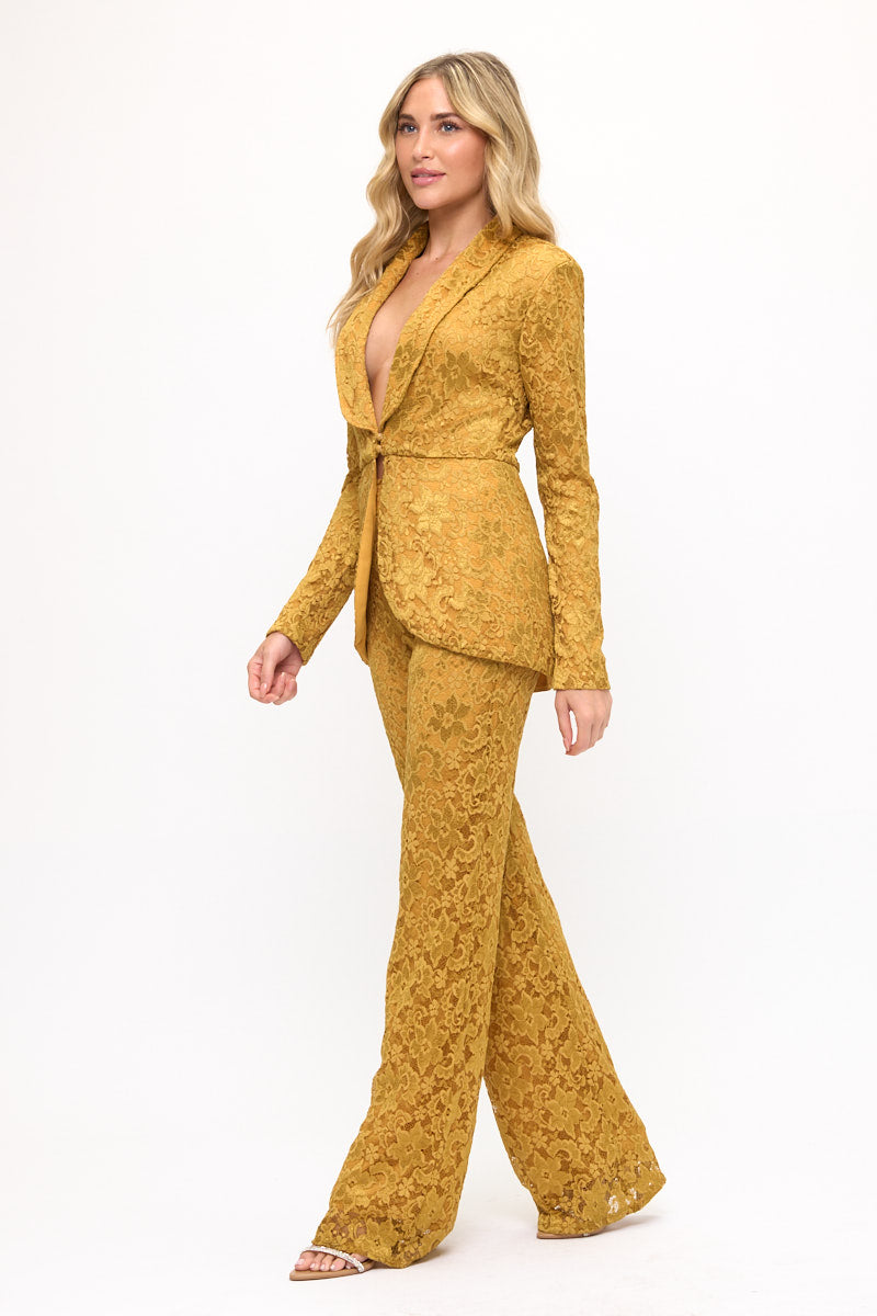 Stretchy floral lace tulip hem jacket and high waisted pants suit set