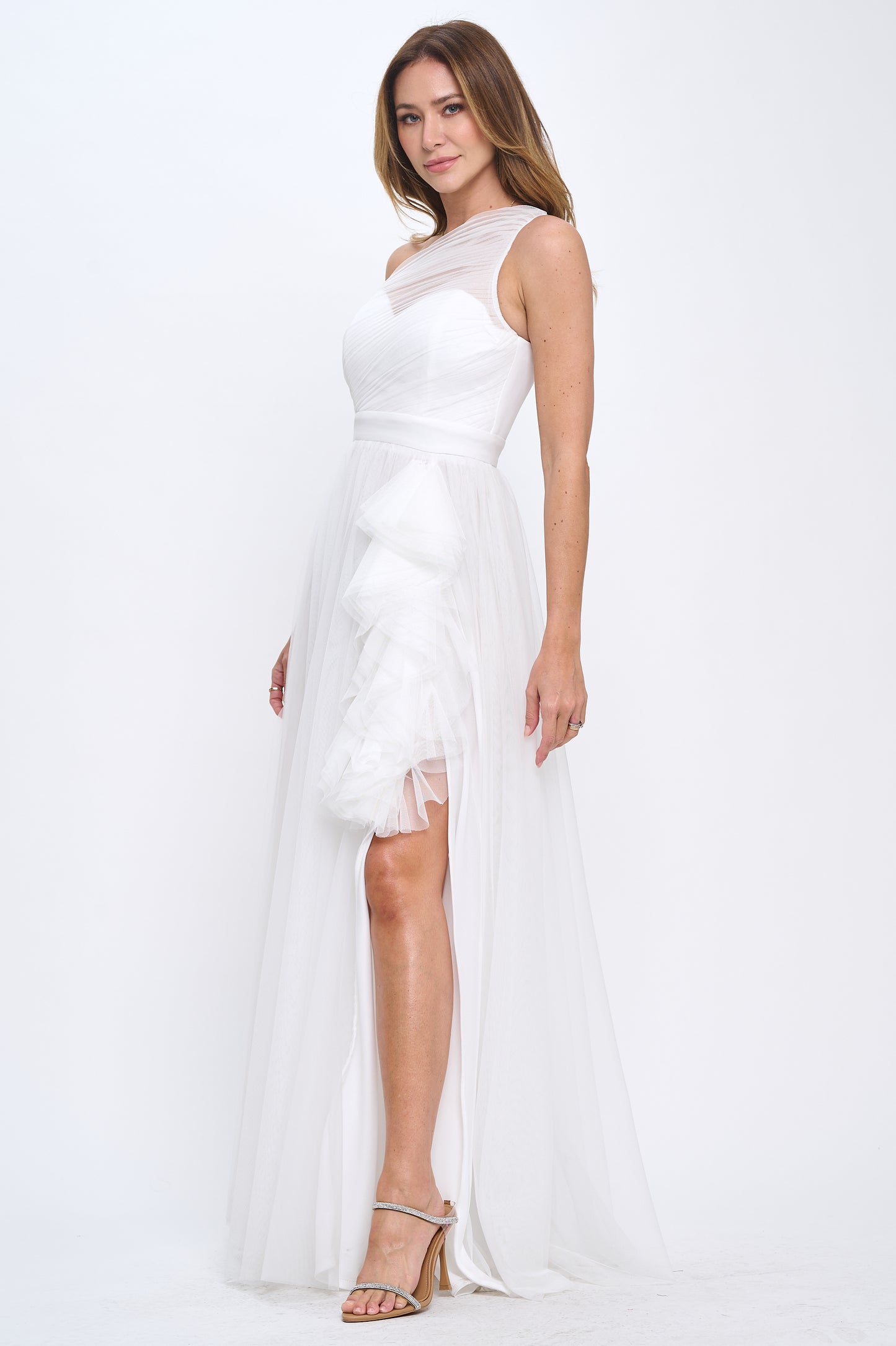 Special embrace one shoulder ruffle tulle slit gown