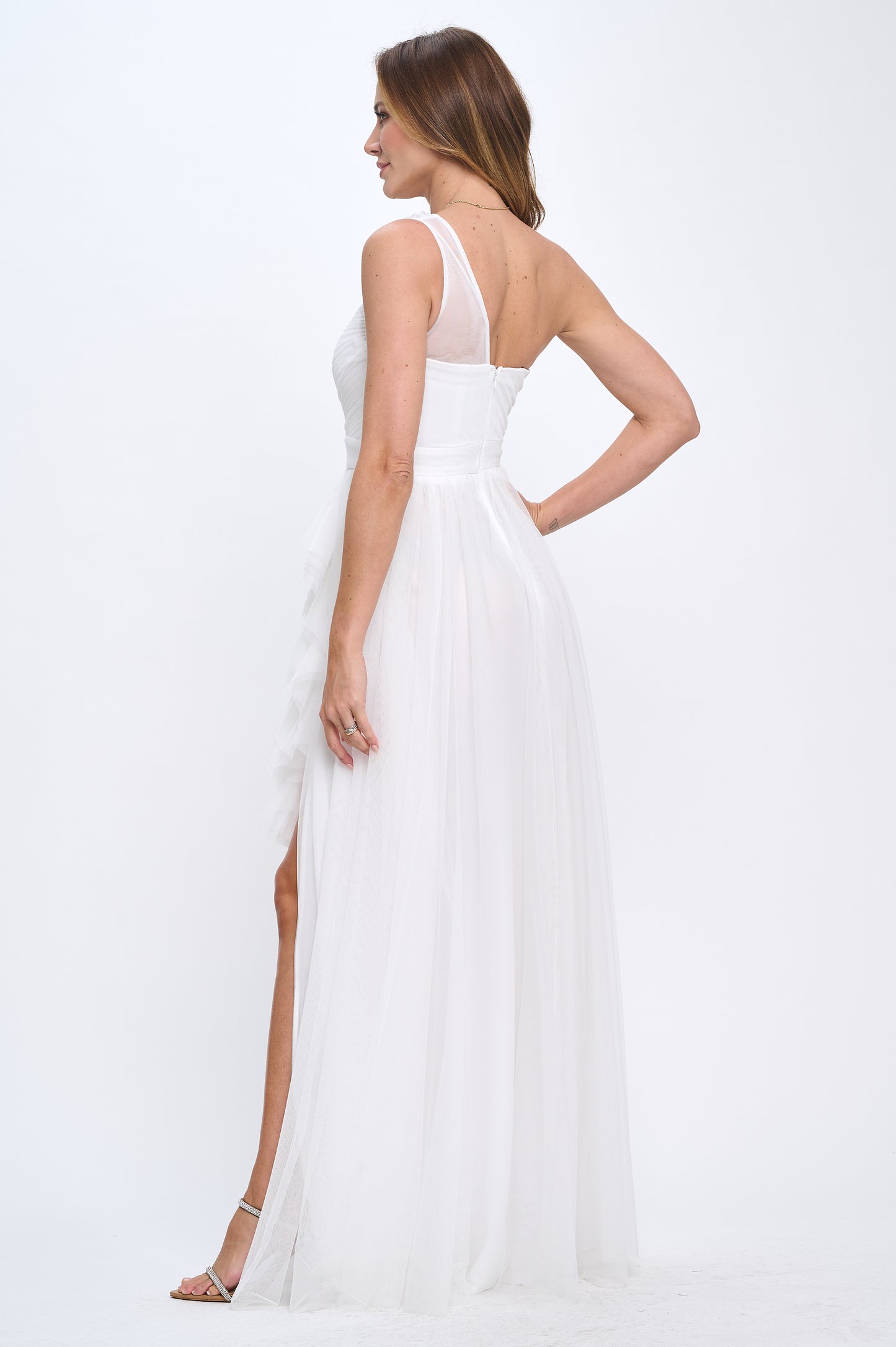 Special embrace one shoulder ruffle tulle slit gown