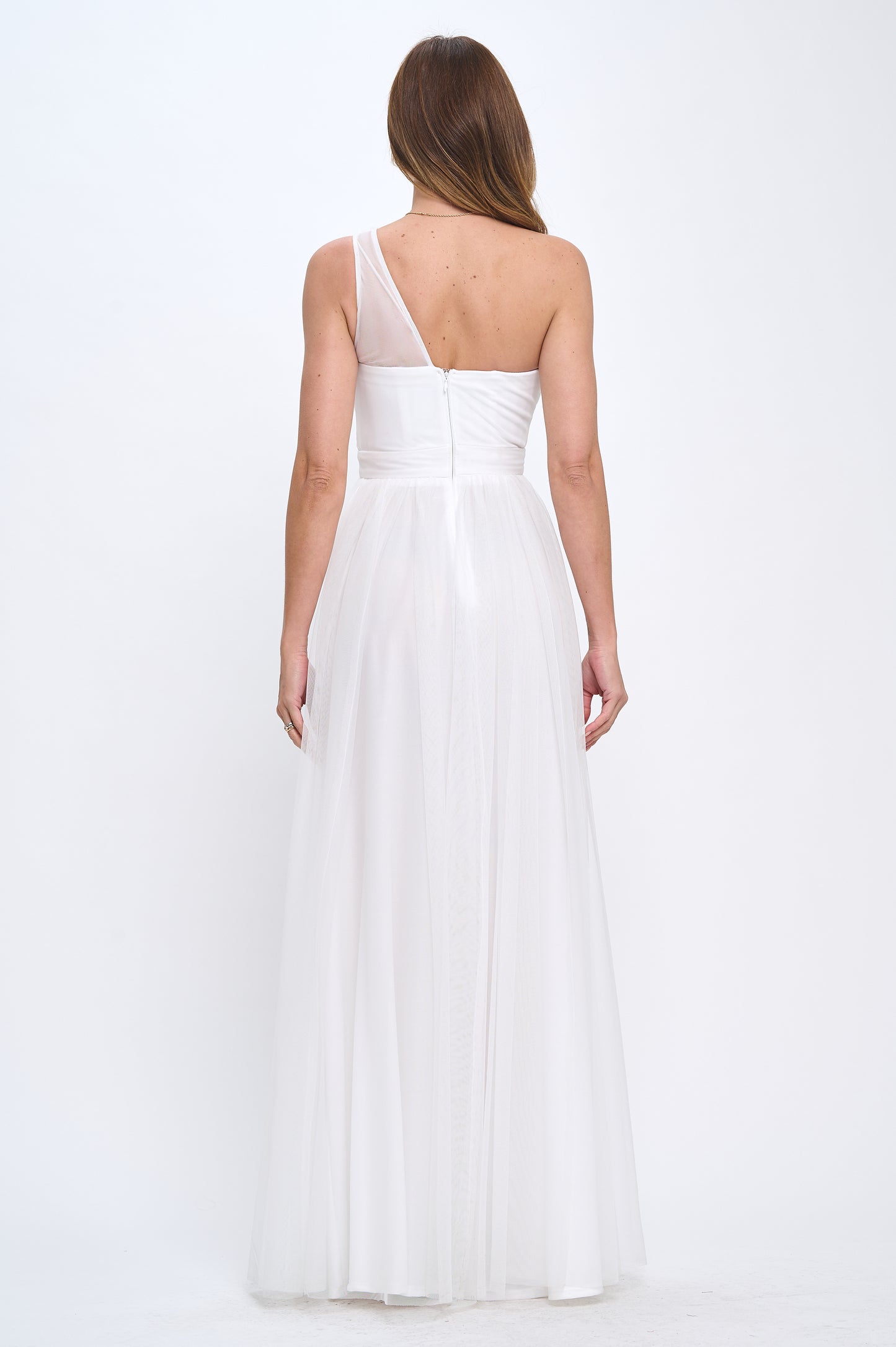 Special embrace one shoulder ruffle tulle slit gown