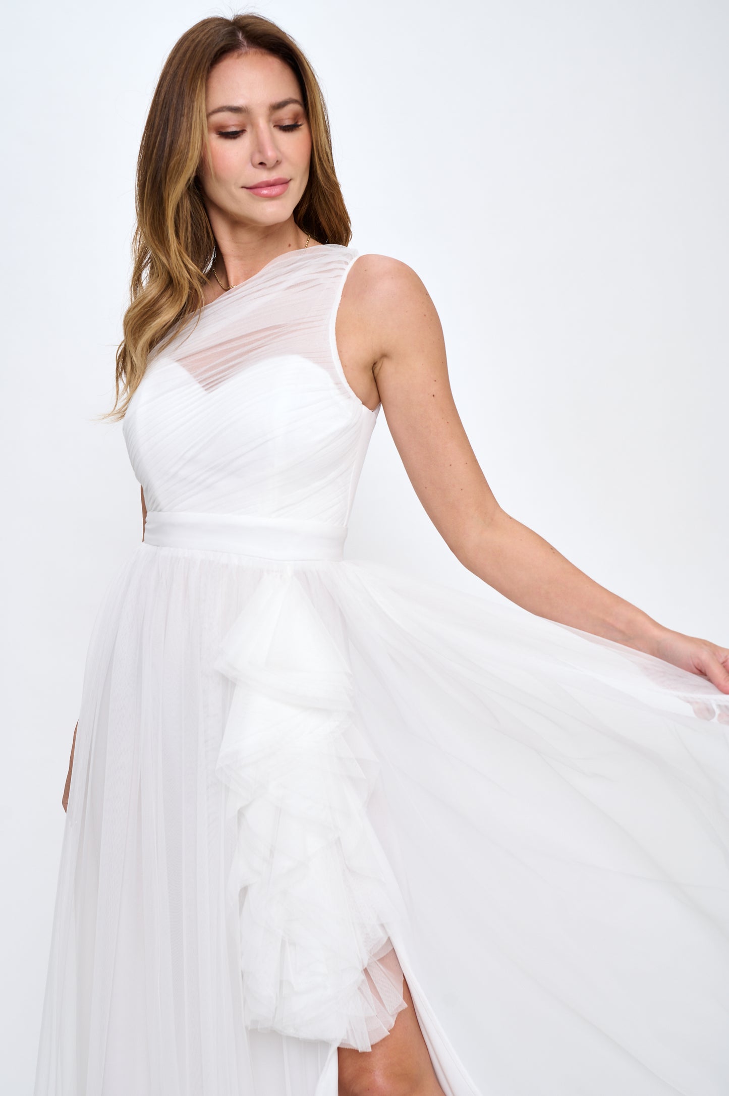 Special embrace one shoulder ruffle tulle slit gown