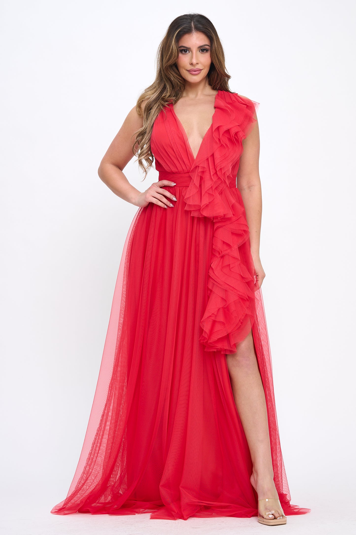 Elegant engagement ruffle layered tulle cascading gown with front slit