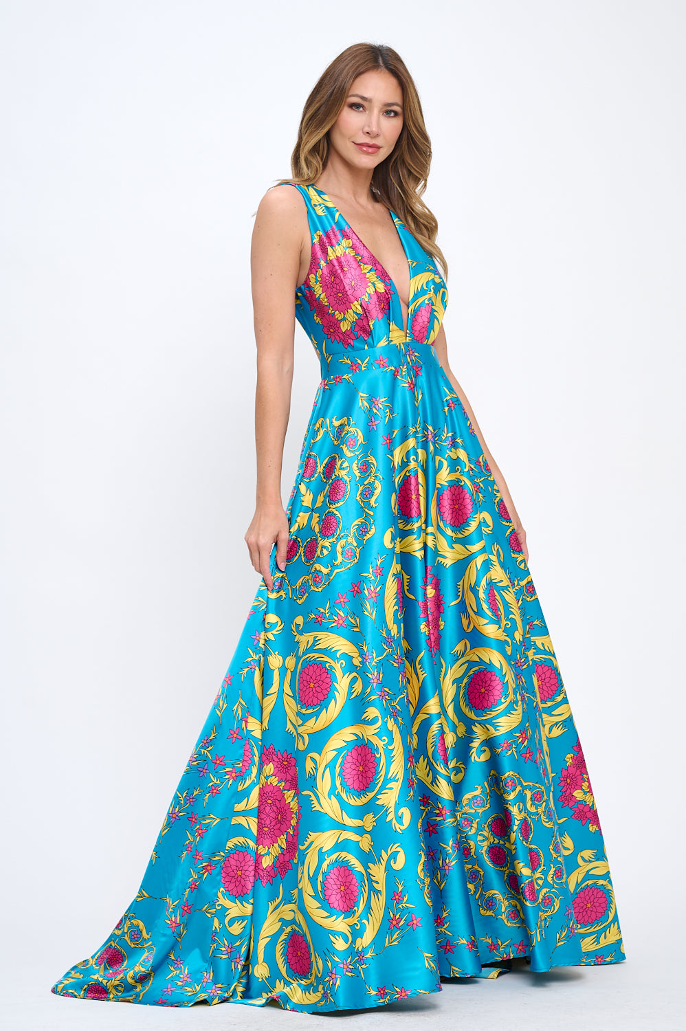 Satin print plunging neckline maxi gown