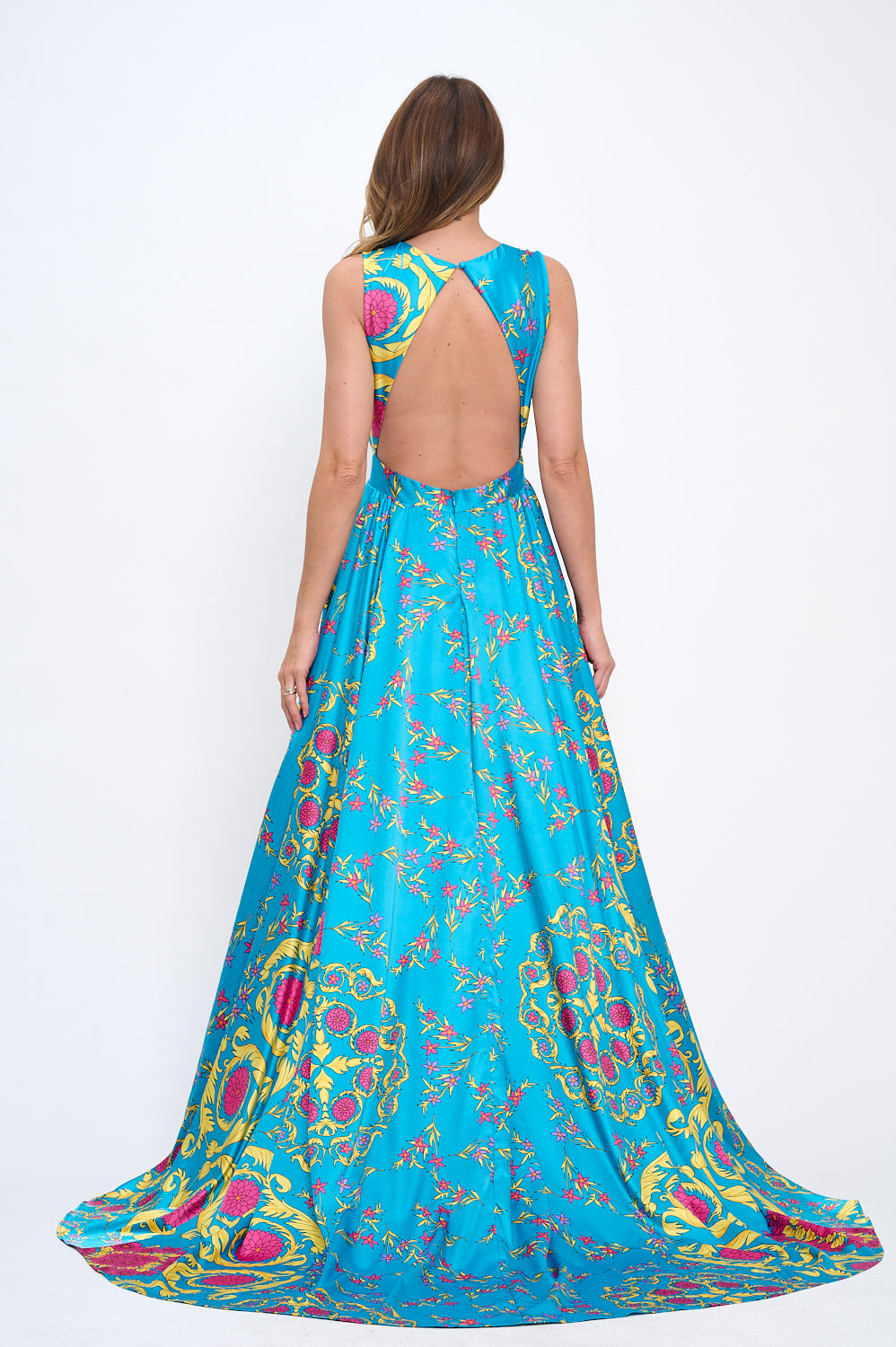 Satin print plunging neckline maxi gown