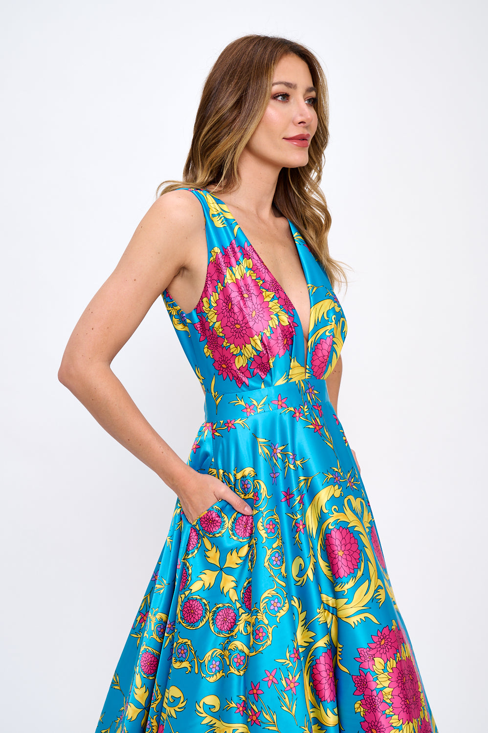Satin print plunging neckline maxi gown