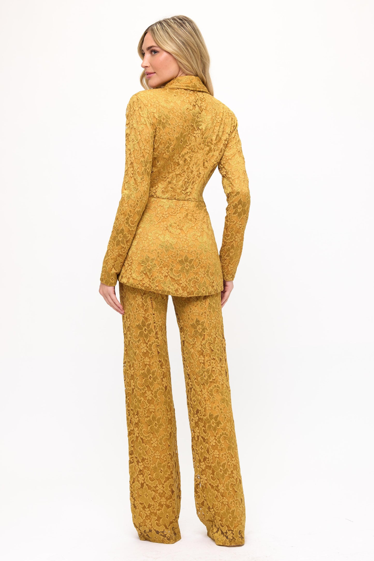 Stretchy floral lace tulip hem jacket and high waisted pants suit set