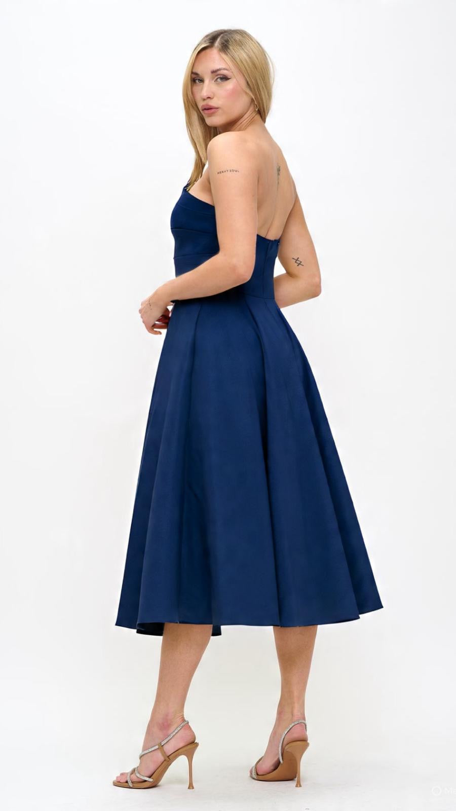 Strapless asymmetrical taffeta tea length dress