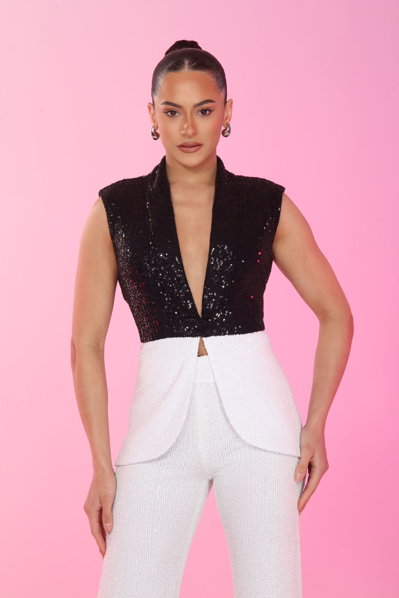 Color block sequin vest and high waisted pants set