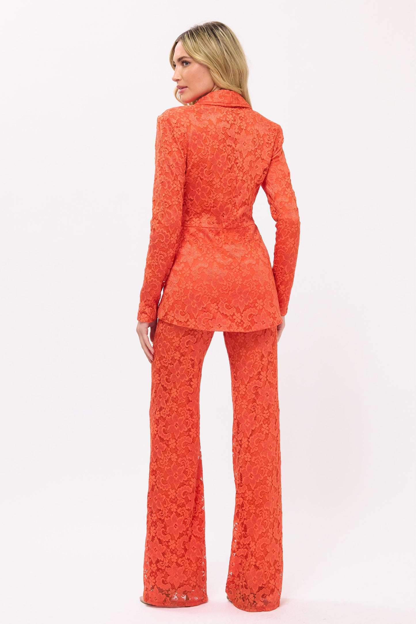 Stretchy floral lace tulip hem jacket and high waisted pants suit set