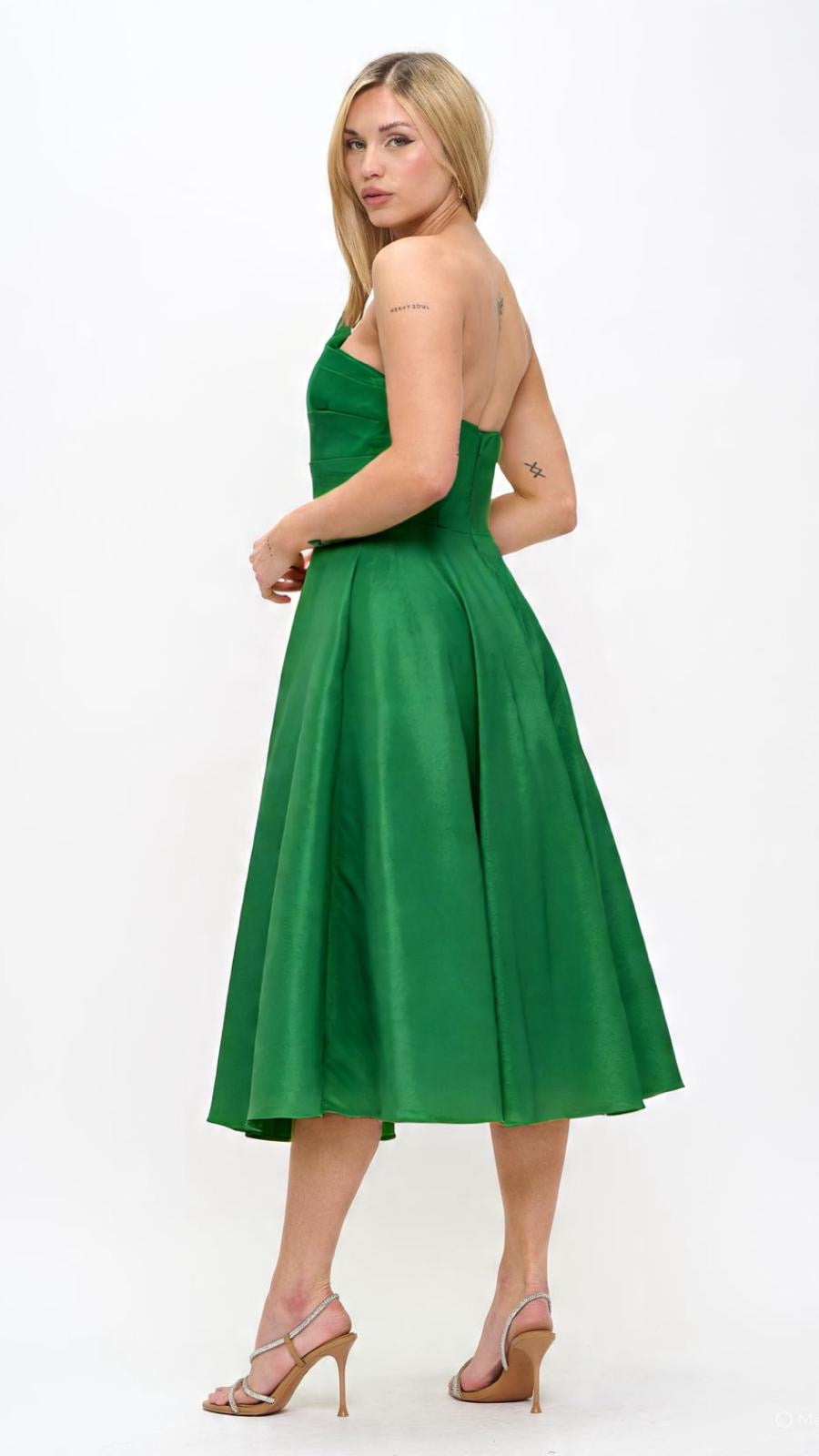 Strapless asymmetrical taffeta tea length dress