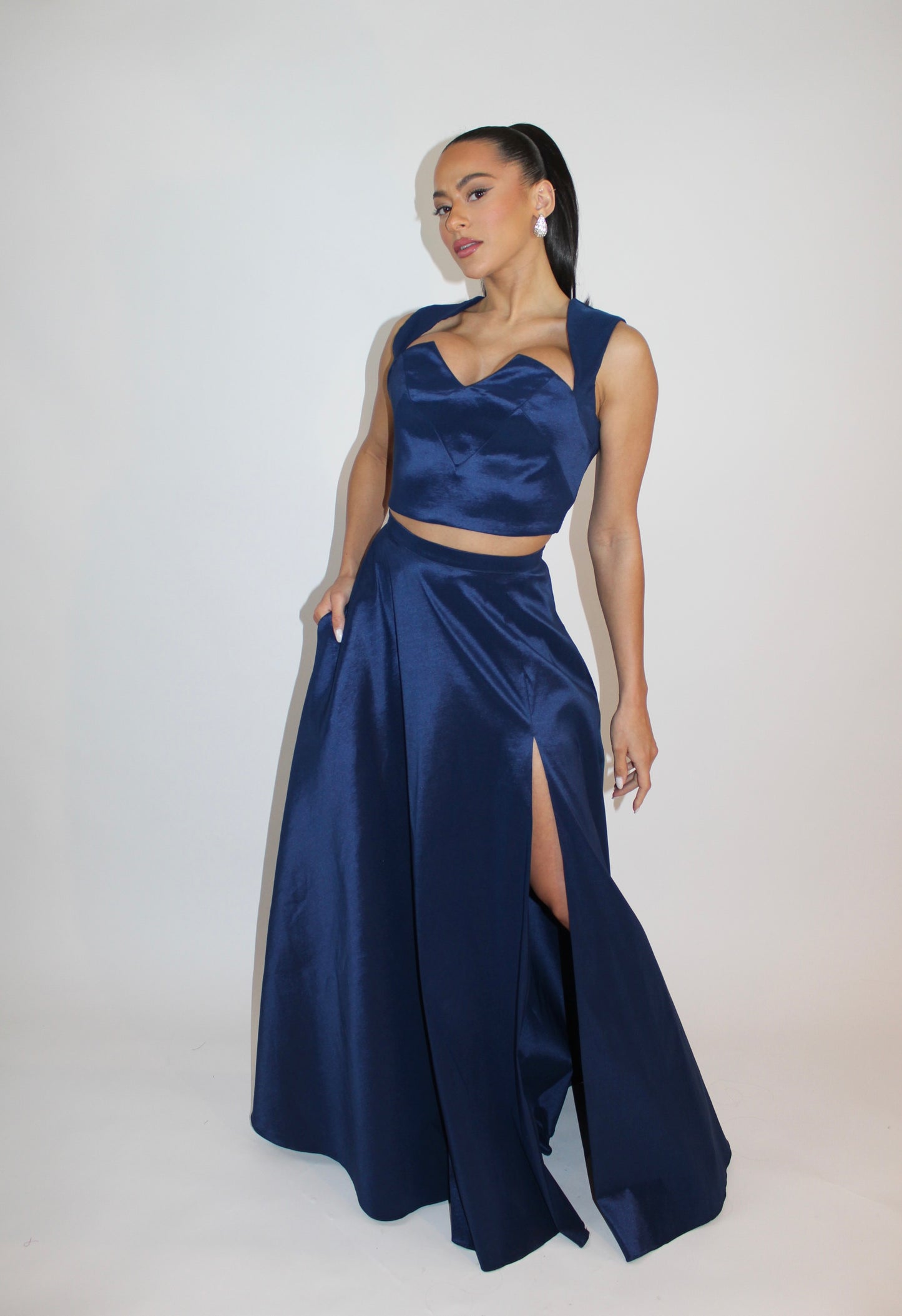 Taffeta crop top and high waisted slit maxi skirt set